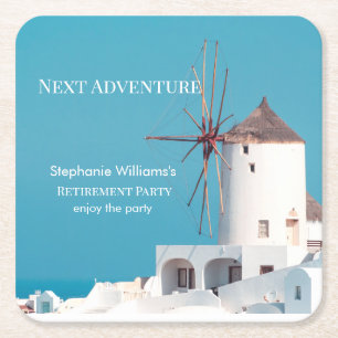 Destination Retirement Party Greek White Blue  Square Paper Coaster