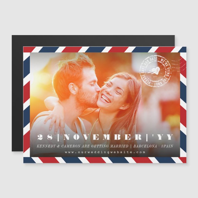 Destination Save The Date Airmail Postal Photo Magnetic Invitation (Front/Back)