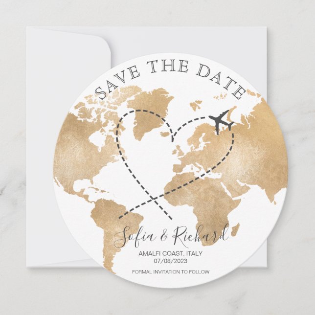 Destination Save the Date Passport Gold World Map Invitation (Front)