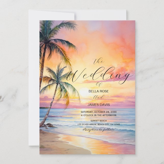 Destination Sunset Beach Wedding Invitation (Front)