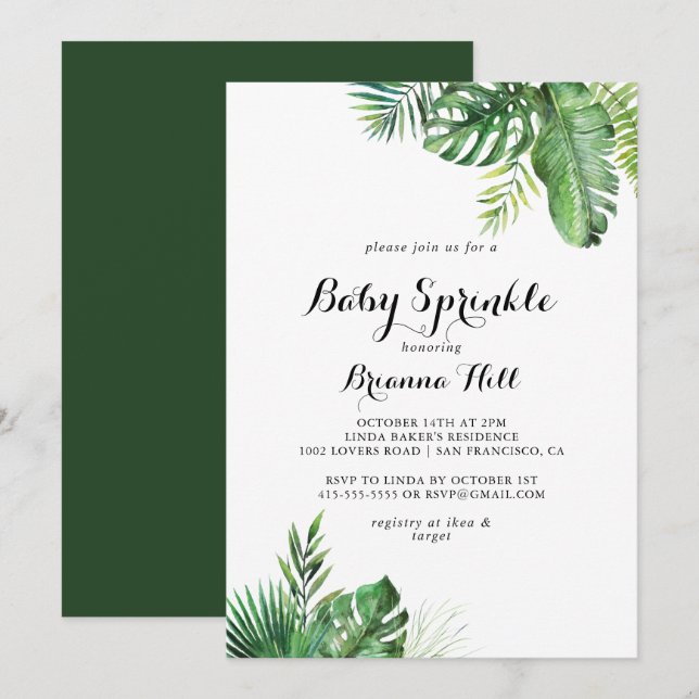 Destination Tropical Greenery Baby Sprinkle Invitation (Front/Back)