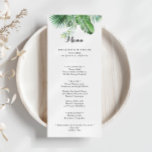 Destination Tropical Greenery Calligraphy Dinner Menu<br><div class="desc">This destination tropical greenery calligraphy dinner menu card is perfect for a modern wedding. The design features hand-painted watercolor green palm and banana leaves neatly arranged into beautiful bouquets. This menu can be used for a wedding reception,  rehearsal dinner,  bridal shower or any event.</div>