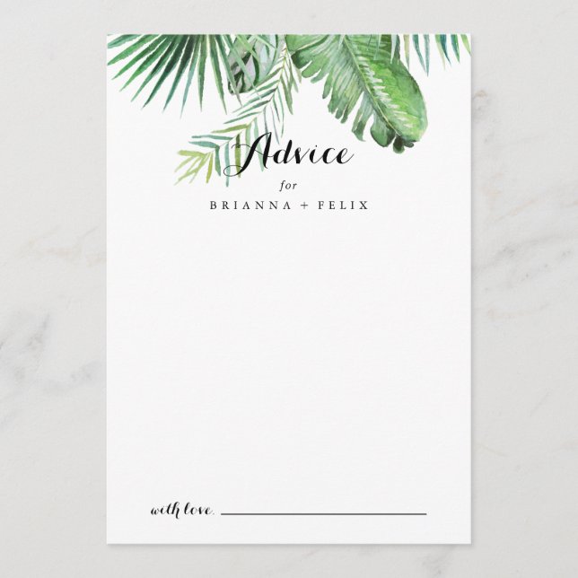 Destination Tropical Greenery Calligraphy Wedding Advice Card (Front)