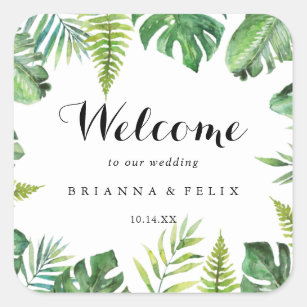 Destination Tropical Greenery Wedding Welcome Square Sticker