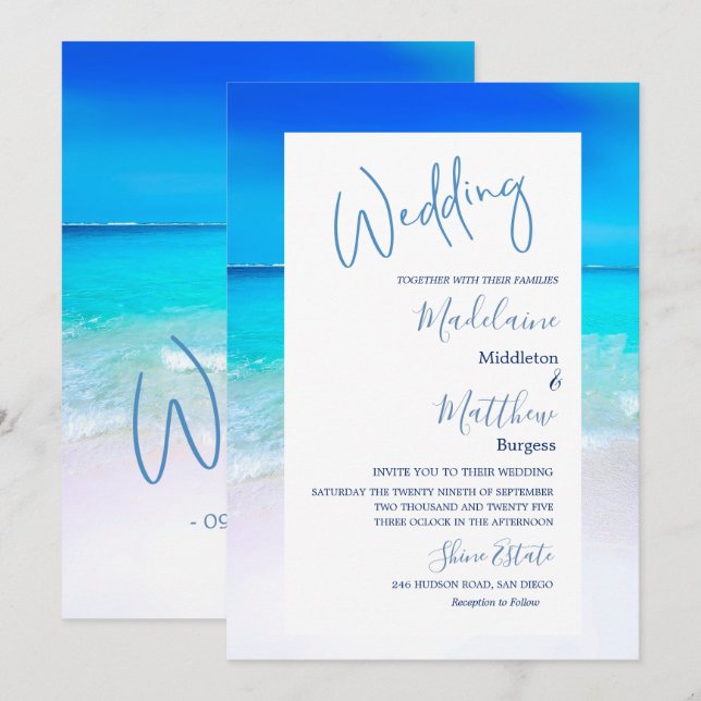 Destination Wedding Beach Ocean Blue Modern  Invitation (Front/Back)