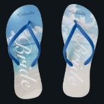 Destination Wedding Beach Scene Bride Flip Flops<br><div class="desc">Great for a destination wedding or the honeymoon.  There's a calm beach scene with the ocean and blue skies. Down the centre is the word "bride" in a white script. Personalise with your name. Check out the many other bride designs we have in our store.</div>