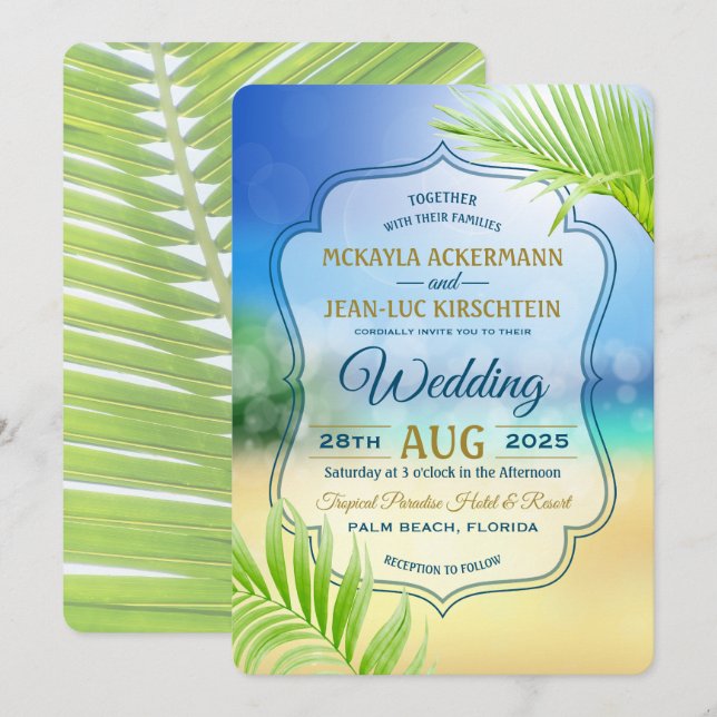 Destination Wedding Beach Tropical Palm Tree Leaf Invitation (Front/Back)