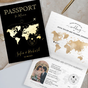 Destination Wedding Black Gold World Map Passport Foil Greeting Card