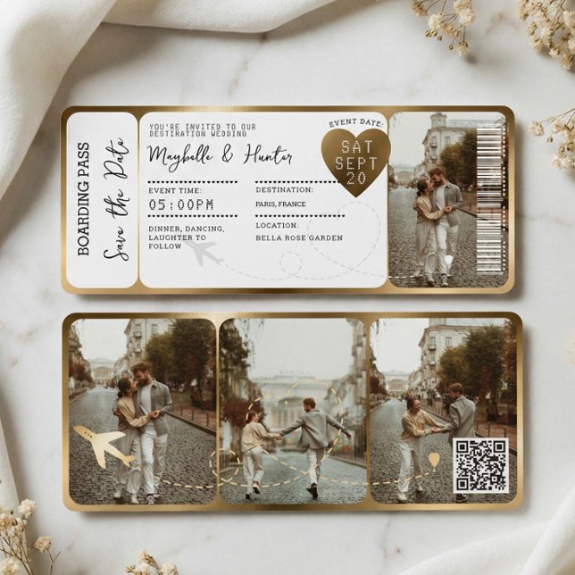 Destination Wedding Boarding Pass Gold Ticket QR Invitation (Destination Wedding Boarding Pass Gold Ticket QR Invitation)