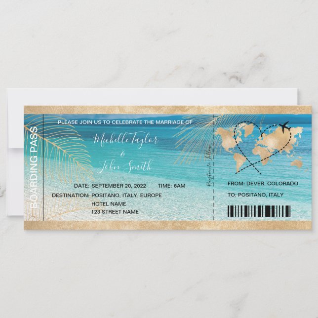 Destination Wedding Boarding Pass Heart Plane Icon Invitation (Front)