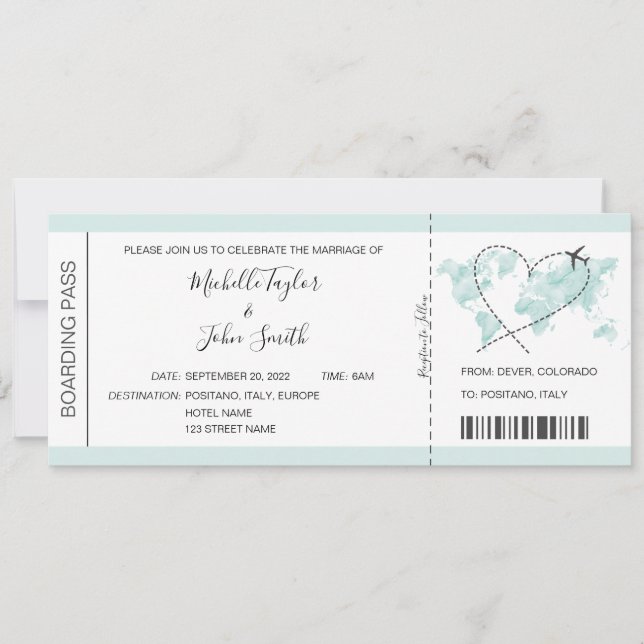 Destination Wedding Boarding Pass Heart Plane Icon Invitation (Front)