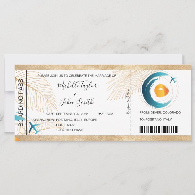Destination Wedding Boarding Pass Heart Plane Icon Invitation (Front)