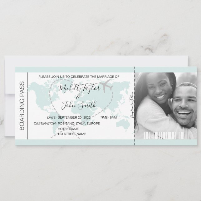 Destination Wedding Boarding Pass Heart Plane Icon Invitation (Front)