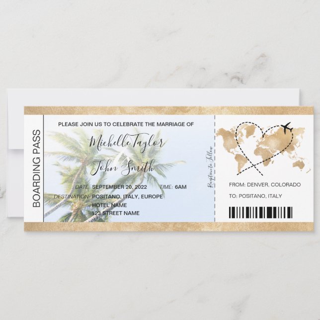 Destination Wedding Boarding Pass Heart Plane Palm Invitation (Front)
