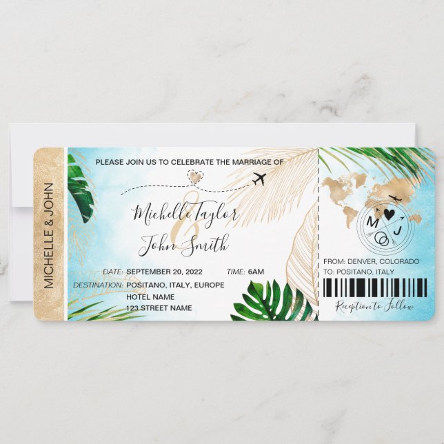 Destination Wedding Boarding Pass Plane Beach  Invitation (Front)