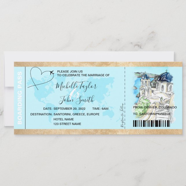 Destination Wedding Boarding Pass Santorini Greece Invitation (Front)