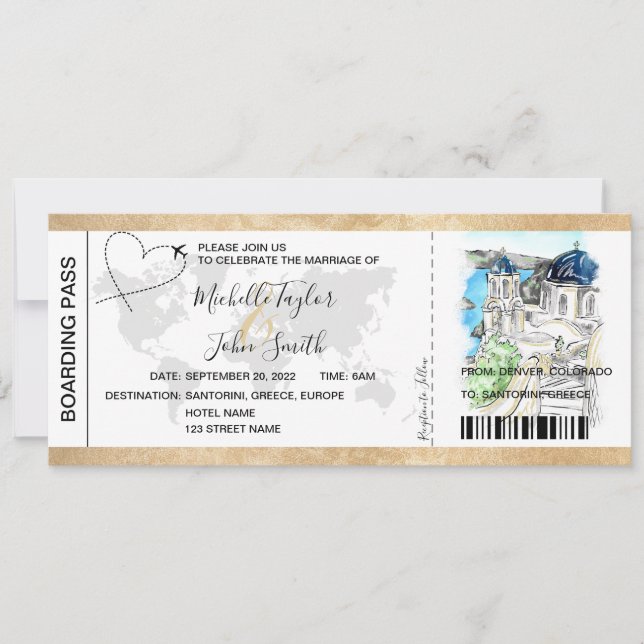 Destination Wedding Boarding Pass Santorini Greece Invitation (Front)