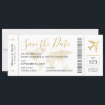 Destination Wedding Boarding Pass Save the Date<br><div class="desc">Boarding Pass Plane Ticket Save the Date Invitation Card for a Destination Wedding featuring a romantic aeroplane icon and faded gold world map background with modern elegant script fonts and back side with travel and accommodations information for guests to start planning their trip to celebrate your marriage in the middle...</div>
