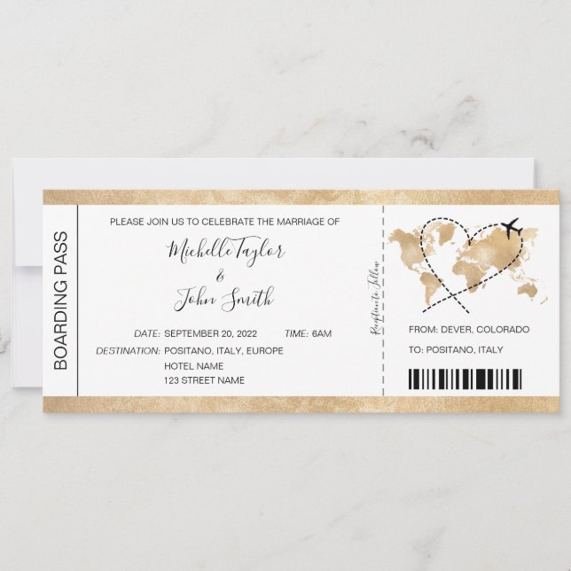 Destination Wedding Boarding Pass Ticket Gold Plan Invitation (Front)