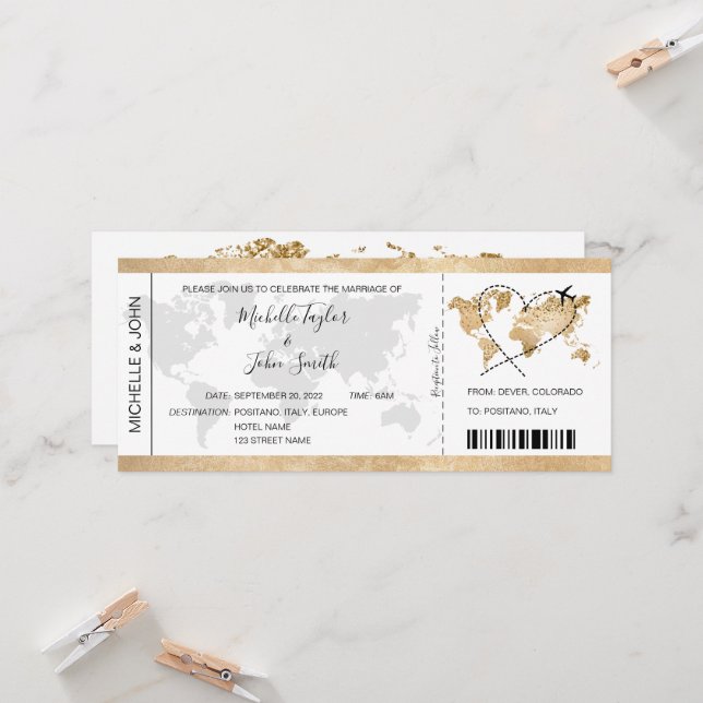 Destination Wedding Boarding Pass Ticket Gold Plan Invitation (Front/Back In Situ)