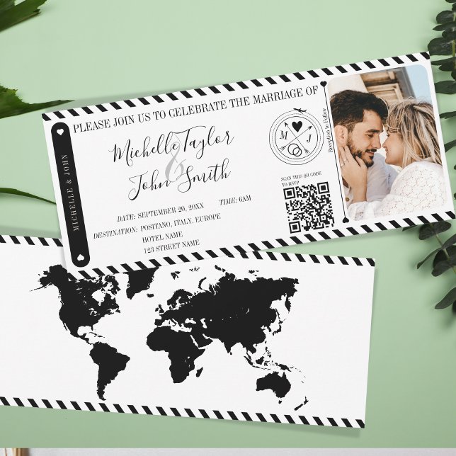 Destination Wedding Boarding Pass Ticket QR Code Invitation (modern black and white world map boarding pass invitation)