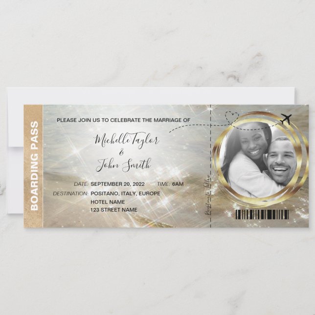Destination Wedding Boarding Pass Tropical Beach Invitation (Front)