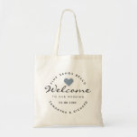 Destination Wedding Dusty Blue Heart Guest Welcome Tote Bag<br><div class="desc">Welcome guests for your destination wedding with personalised gifts. The modern and stylish wedding welcome tote bags lets you share your joy. Personalise with the location of your wedding, bride and groom names,  and wedding date.</div>