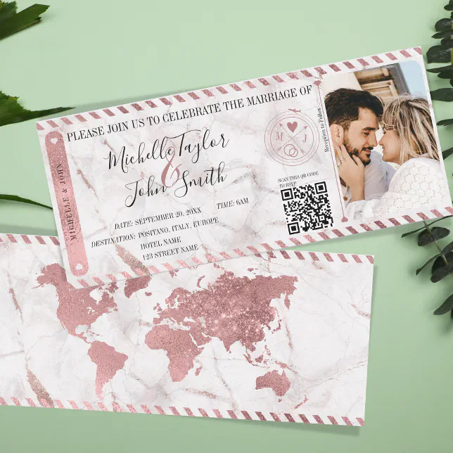 Destination Wedding Gold Boarding Pass QR Code Inv Invitation | Zazzle
