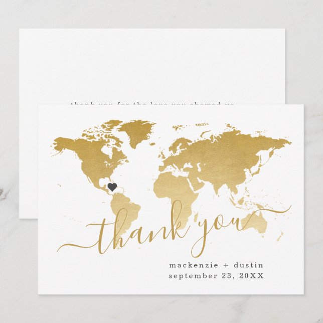Destination Wedding Gold Map Personalised Thank You Card (Front/Back)