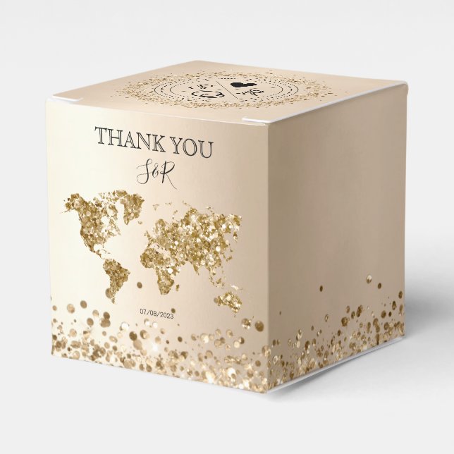 Destination Wedding Gold World Map Beach Adventure Favour Box (Front Side)