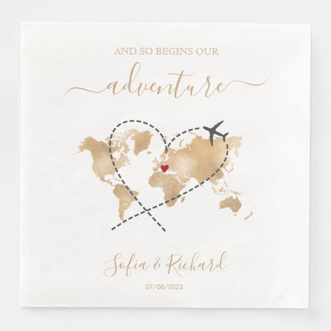 Destination Wedding Gold World Map Welcome Sign Napkin (Front)