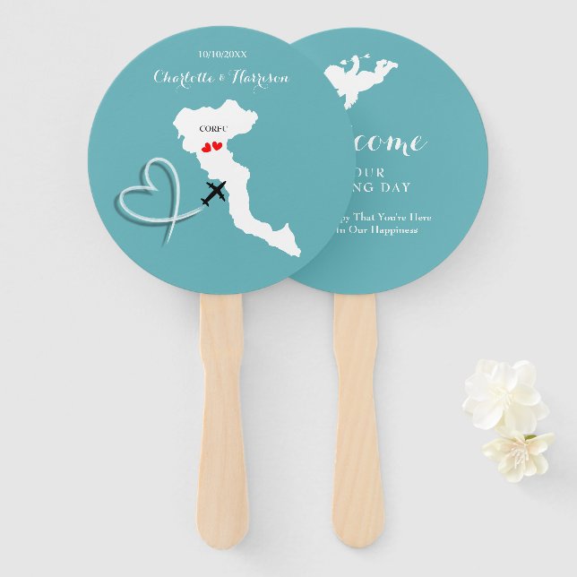 Destination Wedding Greek Island Corfu Hand Fan (Front and Back)