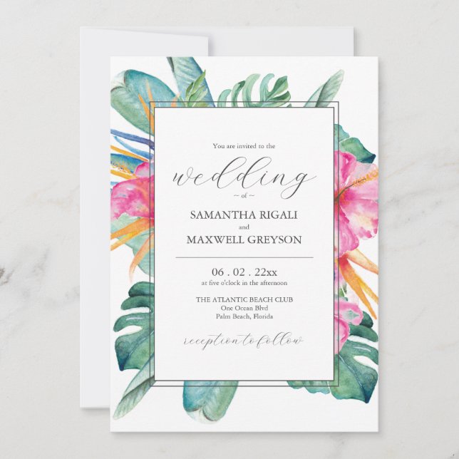 Destination Wedding Invitations Tropical Flowers (Front)