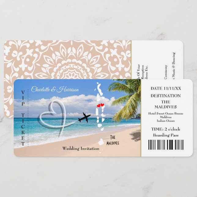 Destination Wedding Maldives Ticket  Invitation (Front/Back)