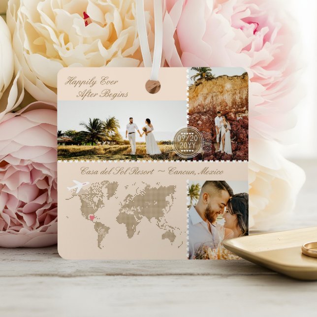 Destination Wedding Map Pin Photo Collage Keepsake Metal Tree Decoration (Destination Wedding Map Pin Photo Collage Keepsake Metal Ornament)