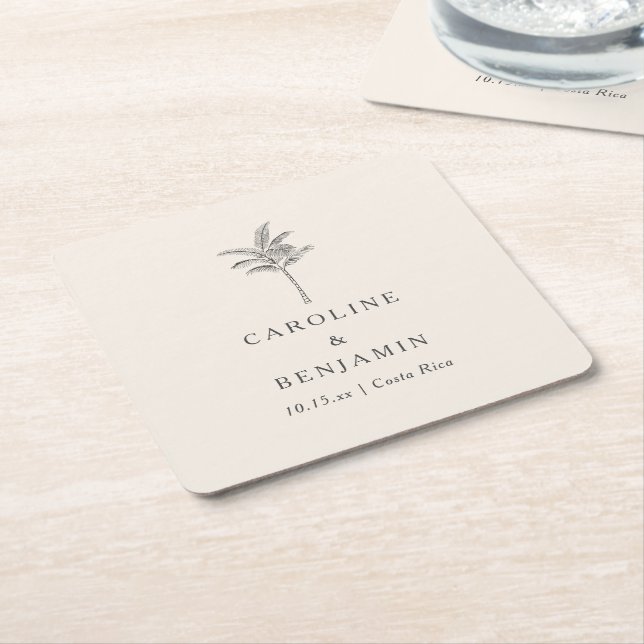 Destination Wedding Palm Tree Custom Beach Simple Square Paper Coaster (Angled)