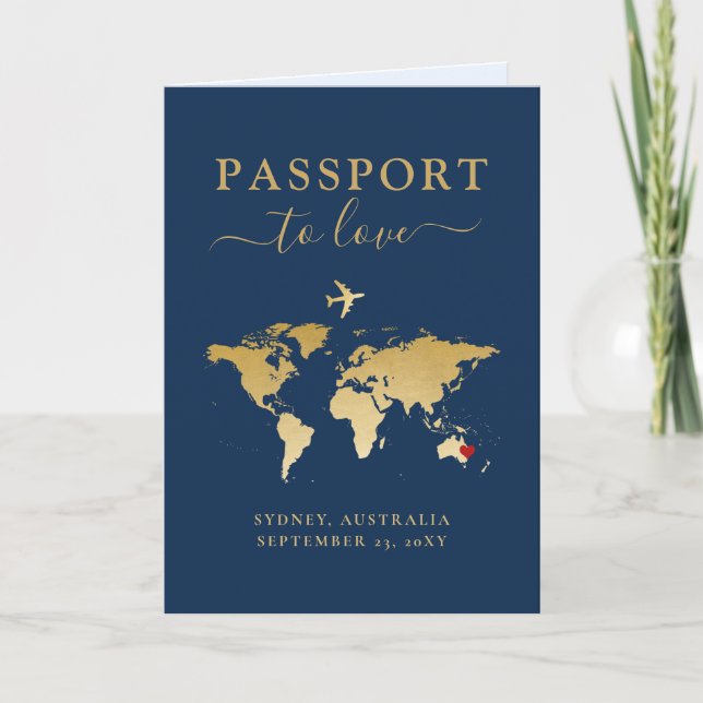 Destination Wedding Passport Blue Gold Map + Heart Invitation (Front)