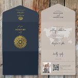Destination Wedding Passport Compass Wedding  All In One Invitation<br><div class="desc">A navy blue destination wedding passport design with gold compass and travel elements. This design is ideal for all Spring, Summer, Fall and Winter destination weddings. An elegant navy blue and gold wedding travel design with passport layout, world map and custom couple photo. A modern destination wedding invitation design with...</div>