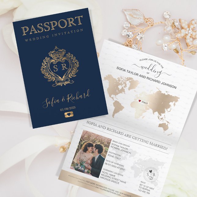 Destination Wedding Passport Gold Crest Italy Invitation (custom crest wedding passport)