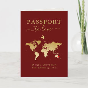 Destination Wedding Passport Red Gold Map + Heart Invitation