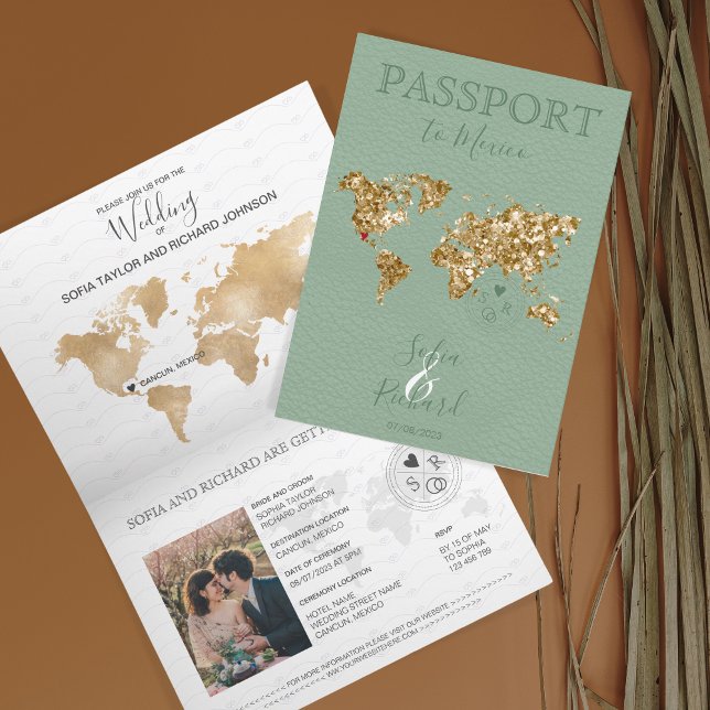 Destination Wedding Passport World Map Mexico Sage Invitation (Creator Uploaded)