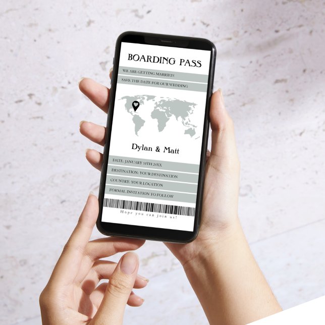 Destination Wedding Sage Electronic Boarding Pass  Save The Date (electronic boarding pass save the date destination wedding sage world map)