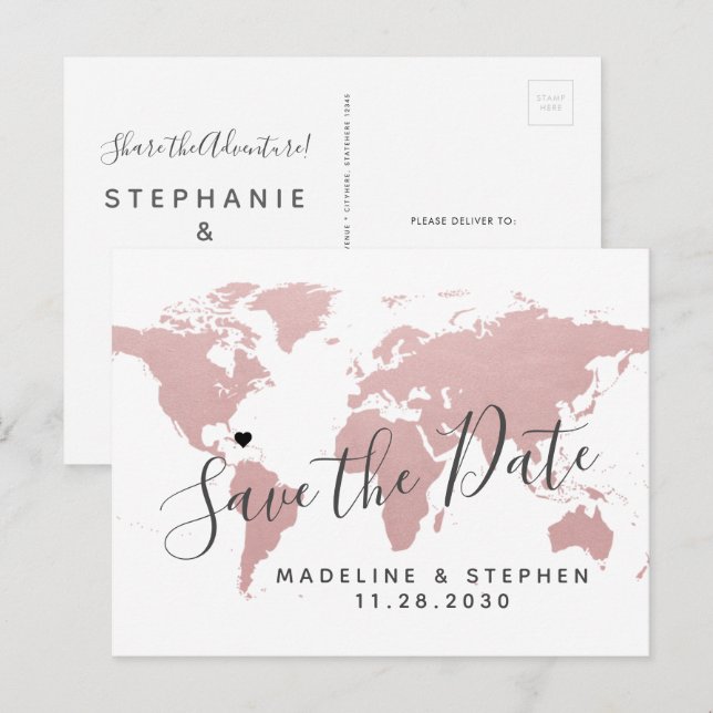 Destination Wedding Save Date Blush Pink Map Announcement Postcard (Front/Back)