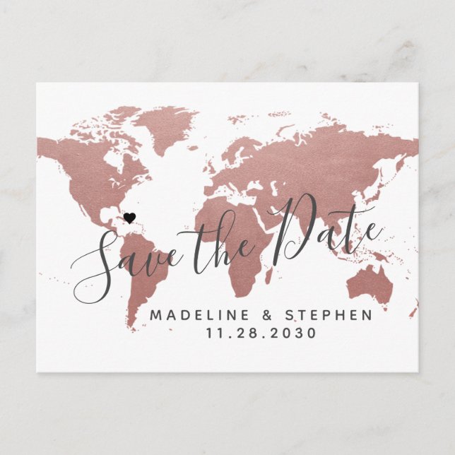 Destination Wedding Save Date Rose Gold Pink Map Announcement Postcard (Front)