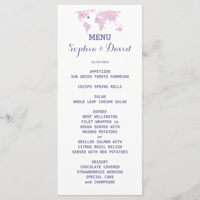 Destination Wedding Watercolor World Map Menu (Front)