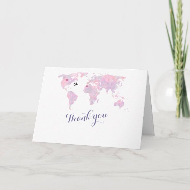 Destination Wedding Watercolor World Map THANK YOU Card (Front)