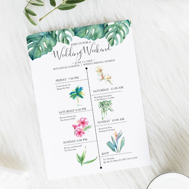 Destination Wedding Weekend Timeline (Timeline destination wedding invitations feature tropical watercolor art by Victoria Grigaliunas )