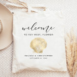 Destination Wedding Welcome Gold Scallop Seashell Tote Bag<br><div class="desc">This destination wedding hotel or favour bag features a vintage illustration of a scallop seashell in gold faux foil,  under the word "welcome" in elegant black handwriting script. Personalise it with your wedding location,  the names of the bride and groom,  and the wedding date.</div>