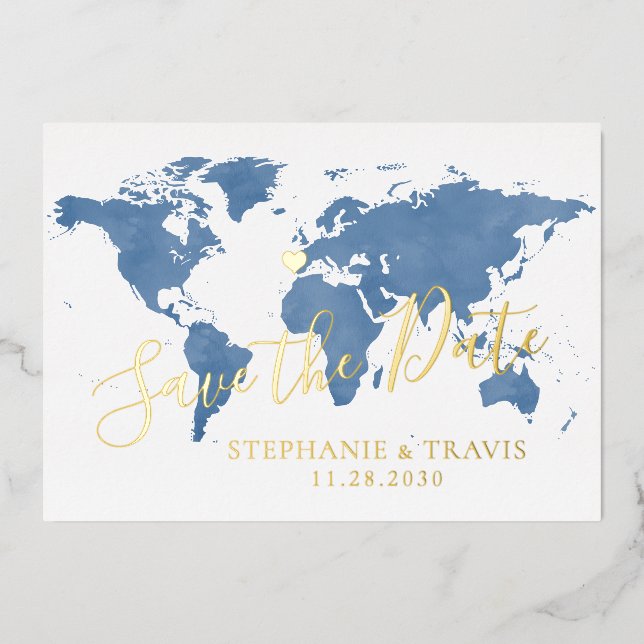 Destination Wedding World Map Blue Save the Date F (Front)