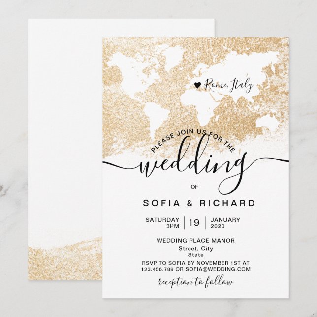 Destination Wedding World Map Gold Invitation (Front/Back)